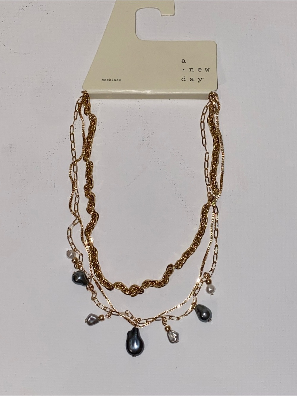 a new day Gold Multi-Layer Necklace with Gray Pearl Drops